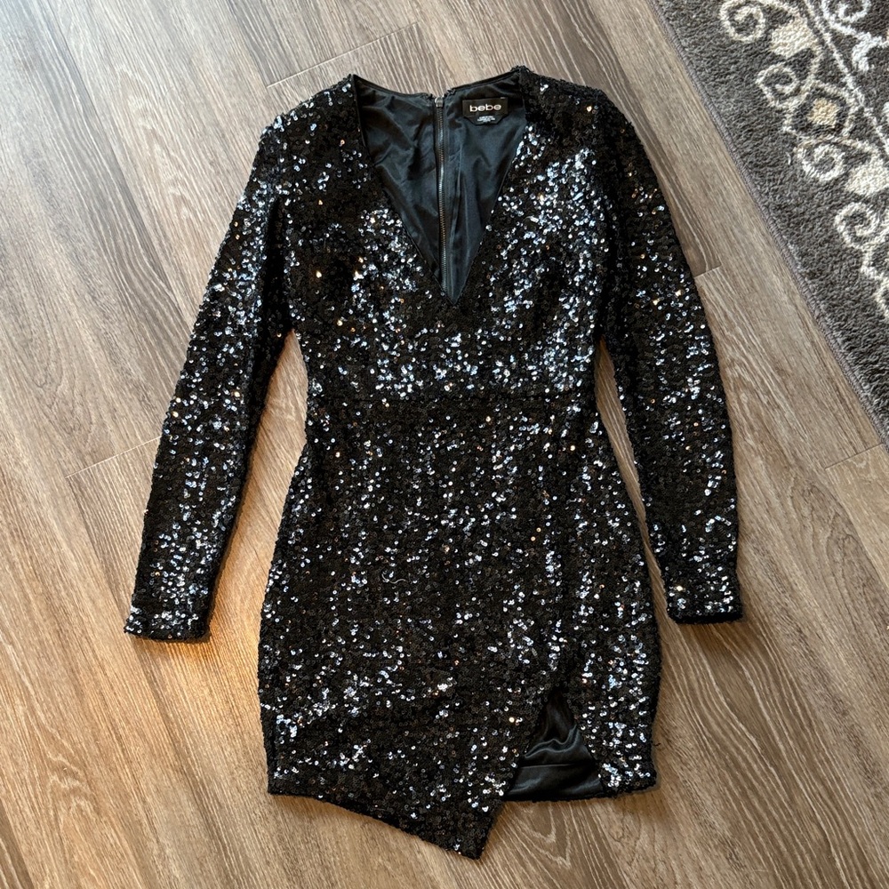 Bebe Black Sequin Long Sleeve Dress